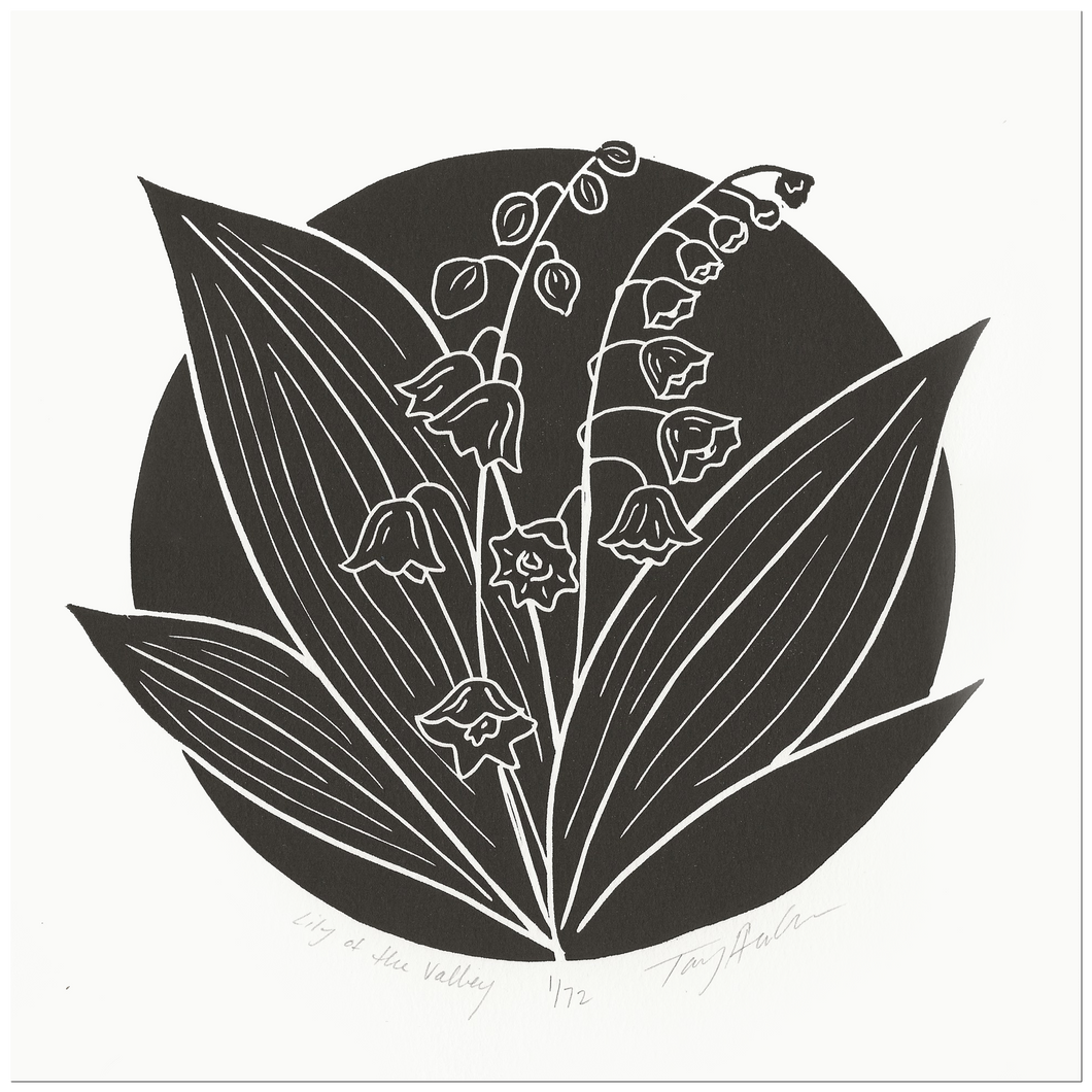 Black circular design featuring Lily of the valley flowers.