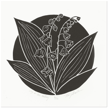 Load image into Gallery viewer, Black circular design featuring Lily of the valley flowers.
